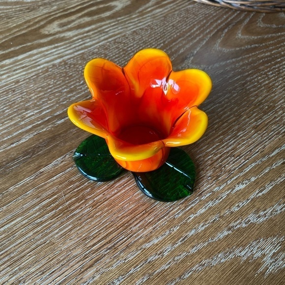 Hand Blown Art Glass Red/ Orange/Yellow Flowers Tulip Votive Candle Holder VTG - Picture 4 of 6
